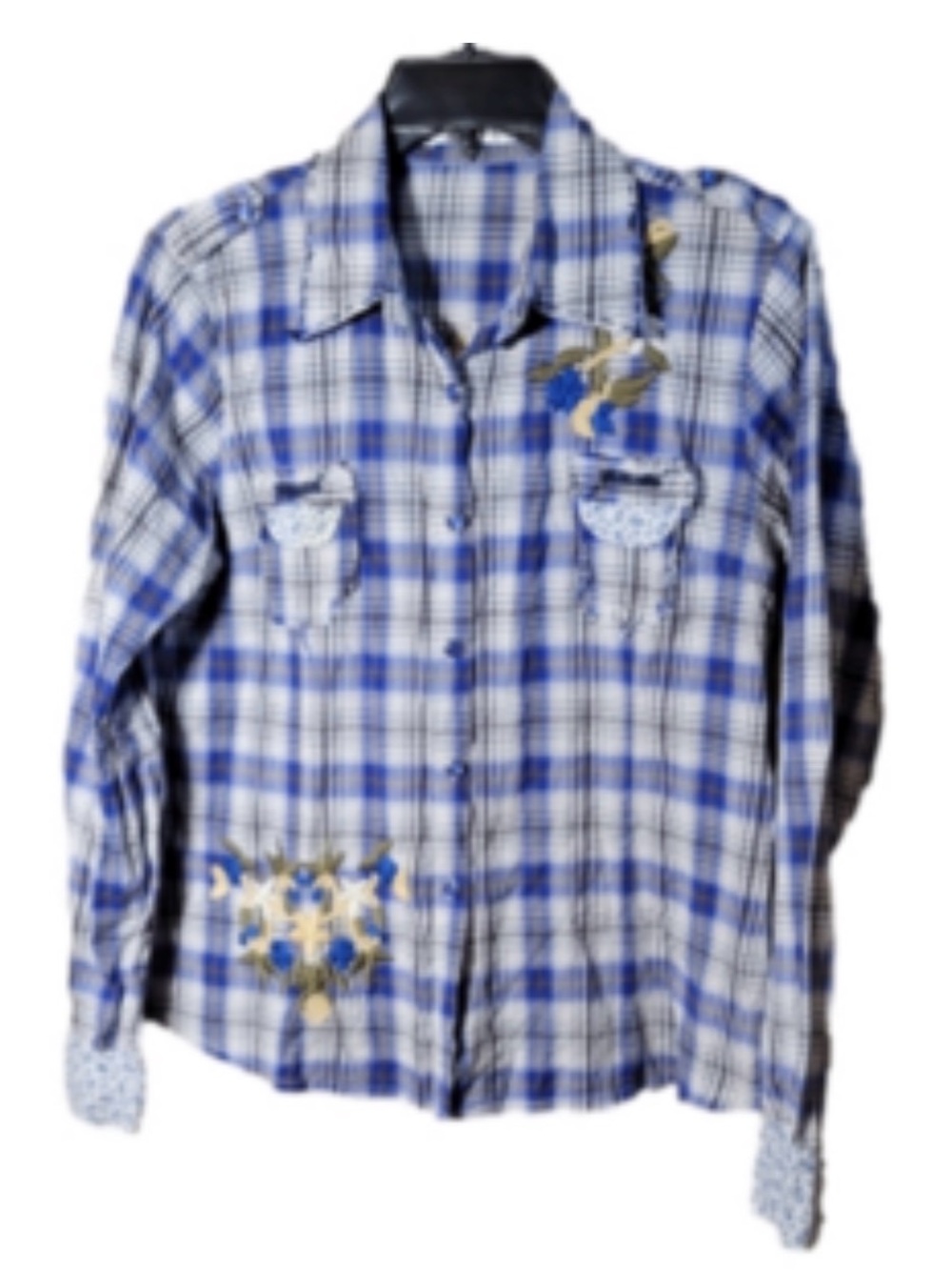Solitaire Blue and White Plaid Embroidered Button-Down Shirt